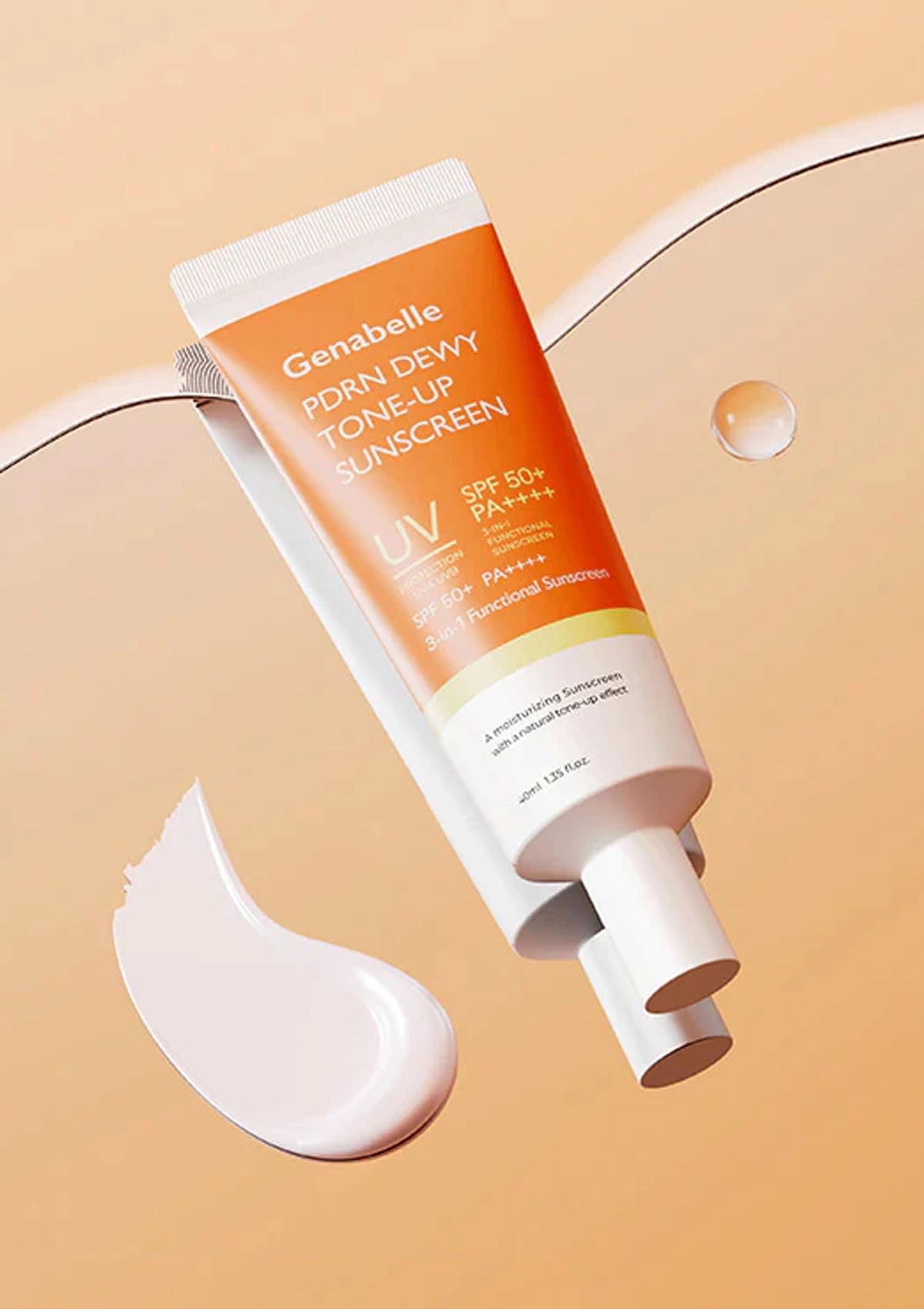 Gena Belle Dewy Tone-Up Sunscreen tube on a beige background